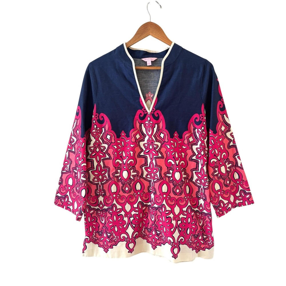 Lilly Pulitzer Tunic Top Womens L Navy Pink Preppy 3/4 Sleeve Coastal Beach